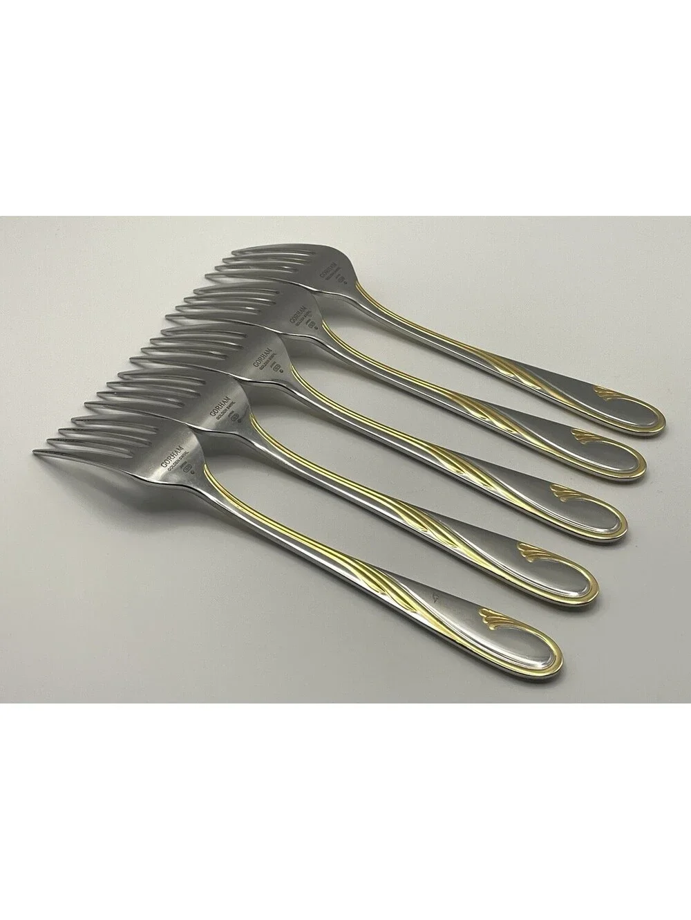 (5) Gorham GOLDEN SWIRL 18/8 Stainless Japan Salad Fork Lot ~ 6 7/8”